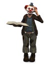 Smiling clown holding book.