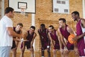 Smiling coach explaining game plan to basketball players Royalty Free Stock Photo