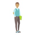 Smiling college student standing and holding book. Colorful cartoon illustration