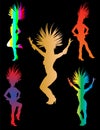 Smiling colorful Brazil carnival dancer vector silhouette isolated on black background. Rio De Janeiro carnival entertainment.