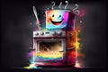 A smiling, colorful, and happy oven on a dark background, radiating warmth and joy with its cheerful expression, generative ai