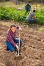 Columbian woman gardener hoeing soil on vegetable garden Royalty Free Stock Photo