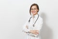 Smiling confident beautiful young doctor woman with stethoscope, glasses isolated on white background. Female doctor in Royalty Free Stock Photo