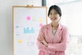 A smiling, confident businesswoman with her arms crossed is standing in a meeting room. Royalty Free Stock Photo