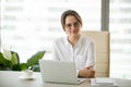 Portrait of smiling successful businesswoman posing at office de