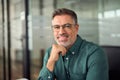 Smiling older business man wearing glasses sitting at work in office, portrait. Royalty Free Stock Photo