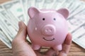 Smiling with confident pink piggy bank in hand with pile of US D Royalty Free Stock Photo