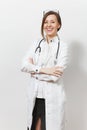 Smiling confident pretty young doctor woman with stethoscope, glasses isolated on white background. Female doctor in Royalty Free Stock Photo