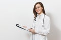 Smiling confident young doctor woman with stethoscope, glasses isolated on white background. Female doctor in medical Royalty Free Stock Photo