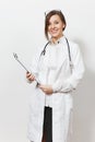 Smiling confident young doctor woman with stethoscope, glasses isolated on white background. Female doctor in medical Royalty Free Stock Photo