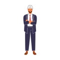 Smiling construction foreman in suit and hard hat vector flat illustration. Portrait of happy male architect or engineer