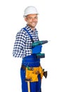 Smiling construction worker with drill and tool belt Royalty Free Stock Photo