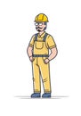 Smiling construction worker in yellow uniform standing confidently. Male builder with hard hat and overalls against