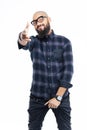 Smiling cool bearded african man in glasses pointing to camera Royalty Free Stock Photo