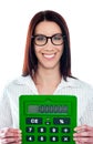 Smiling corporate lady showing green calculator