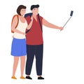 Smiling couple with backpacks taking photo smartphone selfie stick vector flat illustration Royalty Free Stock Photo