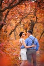 Smiling couple hugging in autumn park. Happy bride and groom in forest, outdoors Royalty Free Stock Photo