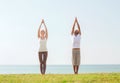 Smiling couple making yoga exercises outdoors Royalty Free Stock Photo