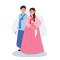 Smiling Couple in Modern Hanbok for Festive Occasion. Man and woman smiling in korean suit for holiday or event
