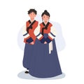 Smiling Couple in Modern Hanbok for Festive Occasion. Man and woman smiling in korean suit for holiday or event