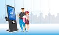 Smiling couple near ticket kiosk flat color vector illustration Royalty Free Stock Photo