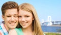 Smiling couple over rainbow bridge in tokyo Royalty Free Stock Photo