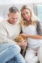 Smiling couple petting their gringer cat on rug Royalty Free Stock Photo