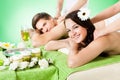 Smiling couple receiving shoulder massage at beauty spa Royalty Free Stock Photo