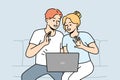 Smiling couple talk on video call on computer