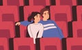 Smiling couple sitting on chair at movie theater vector flat illustration. Happy man and woman hugging during watching Royalty Free Stock Photo