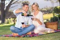 Smiling couple sitting on picnic blanket and pouring wine in glass Royalty Free Stock Photo