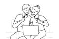 Smiling couple talk on video call on computer