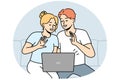 Smiling couple talk on video call on computer