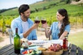 Smiling couple toasting red wine glasses while sitting at table Royalty Free Stock Photo