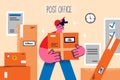 Smiling courier with parcel in post office