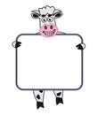 Smiling cow with billboard for dairy and meat products and sales
