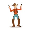 Smiling cowboy holding his guns western cartoon character vector Illustration