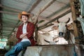 smiling cowboy man wearing a cowboy hat while sitting near the cow shed with crossed hands