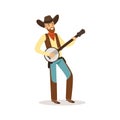 Smiling cowboy playing banjo western cartoon character vector Illustration