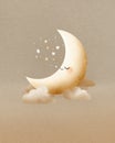 A smiling crescent moon with closed eyes surrounded by fluffy clouds under a starry night sky Royalty Free Stock Photo