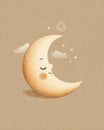 A smiling crescent moon with closed eyes surrounded by fluffy clouds under a starry night sky Royalty Free Stock Photo