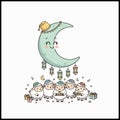 A smiling crescent moon with lanterns and sheep in celebration Royalty Free Stock Photo