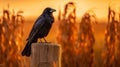 Smiling Crow Perched On Wooden Post At Sunset