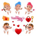 Smiling cupid and a cute little angel in a diaper characters vector set. Happy Valentine`s Day funny cherub mascot collection in