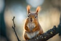 smiling curious squirrel sits on a branch and watches. Generative AI