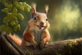 smiling curious squirrel sits on a branch and watches. Generative AI