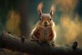 smiling curious squirrel sits on a branch and watches. Generative AI