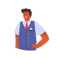 Smiling curly steward in blue uniform flat style, vector illustration