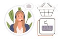 Customer Support Representative with Headset, Shopping Basket, and Digital Keyboard Elements Royalty Free Stock Photo