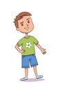 Smiling cute boy pointing hand to side, isolated person on white background. Vector character illustration of children Royalty Free Stock Photo